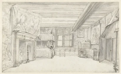 Gezicht op een rijk ingerichte kamer met een hemelbed