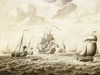 Een Nederlands Oorlogsschip dat een Saluut Afvuurt - een Penschilderij