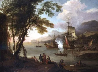Een capriccio van een mediterrane haven met schepen, kooplieden en havenarbeiders