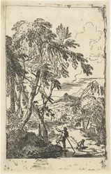 Bergachtig landschap met bomen en man met hond