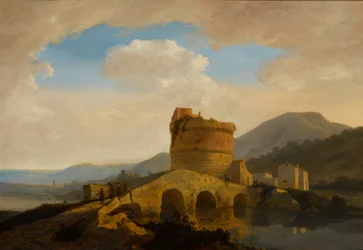 Landschap bij Rome, met het graf van de Plautii bij de rivier Aniene