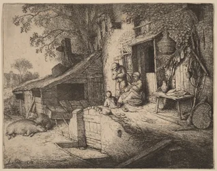 Boerderij met een boerenfamilie voor de voordeur, de vrouw spint