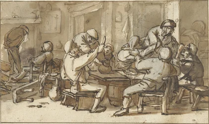 Interieur van een herberg met drinkende en ruziemakende boeren