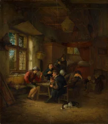 Interieur van een herberg met vijf boeren en een vrouw