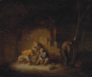 Boeren zitten en drinken in een schuur met een hond