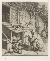 Schoenmaker in winkel voor zijn huis en een klant