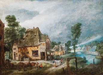 Een dorp aan een rivier met figuren (olieverf op koper)