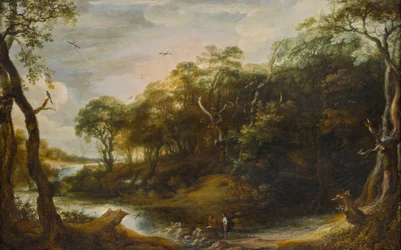 Landschap met de engel Rafaël en Tobais die de vis opensnijdt (Tobit 6,1-5)