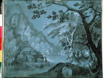 Landschap met een molen aan het bergmeer