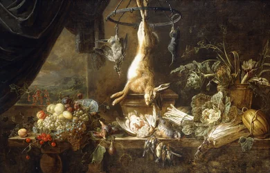 Een haas en een snip hangend aan een wildring, fruit in een Wanli Kraak porseleinen kom, vijgen, dode patrijzen en vinken, asperges, kool, venkel en artisjokken in een koperen pot op een richel bij een gedrapeerd raam, 1650