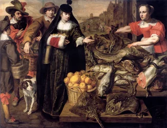 Een dame op de vismarkt in Antwerpen, 1630-1640
