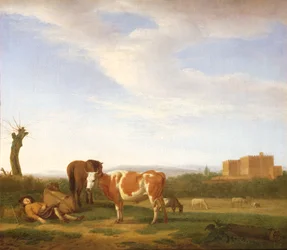 Een pastorale landschap met een slapende herder, 17e eeuw