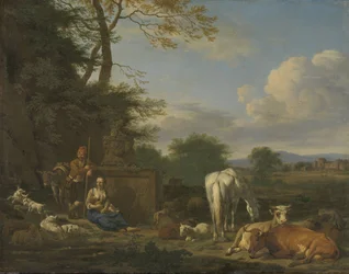 Arcadisch landschap met rustende herders en dieren, 1664