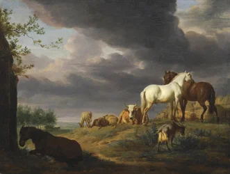 Dutch: Landschap met paarden en ander vee Landscape with horses and other livestock