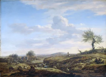 Heuvelachtig landschap met een hoge weg, 1660-70