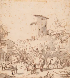 Italiaans landschap met mensen en vee