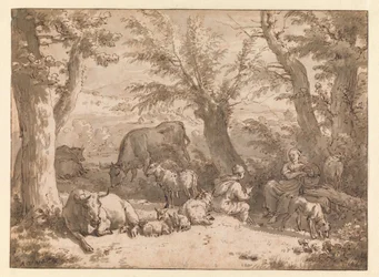 Landschap met herder en herderin en vee