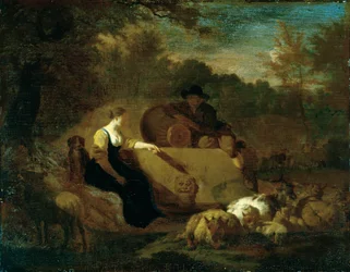 Herder en herderin met hun kudde bij een put