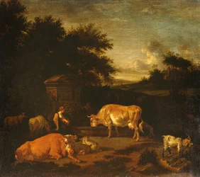 Herderin en een Veedrijver met hun Kudde bij een Klassieke Fontein in een Bebost Landschap