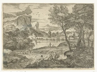 Landschap met drie personen langs pad