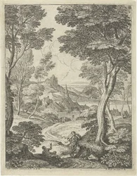 Landschap met spitse toren