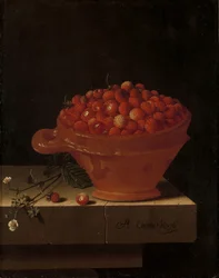 Een kom aardbeien op een stenen sokkel, 1696