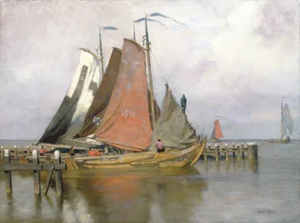 Vissersboten verlaten de haven van de Zuiderzee, 1899