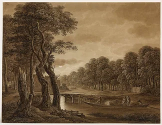 Maanlichtlandschap met vrachtboot
