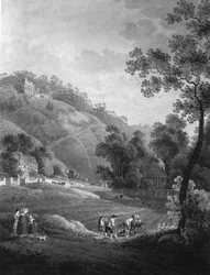 Uitzicht op kasteel Pillnitz met de tuin en de kunstmatige ruïne, rond 1792