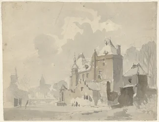 Gezicht op een gefantaseerd(?) kasteel nabij een stad