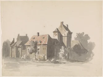 Gezicht op een groep huizen met stadspoortje(?)