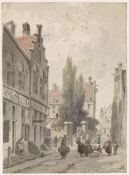 Stadsgezicht met een marskramer
