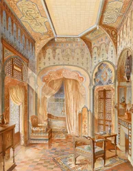 Badkamerinterieur in Moorse stijl, illustratie uit 