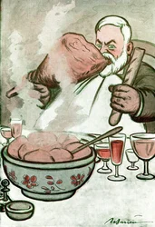 Cartoon met Camille Cerf (1862-1936) Belgische journalist en secretaris van Georges Clemenceau - Tekening door Adrien Barrere (1877-1931) uit Fantasio