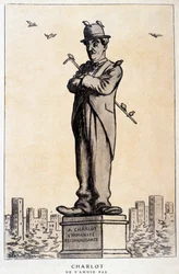 Charlot in standbeeld met opschrift: 