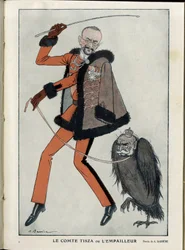 Illustratie van A Barrere (1874-1931) in Fantasio, 01/04/15 - Graaf Tisza of de opvuller - Oorlog van 14-18, Oostenrijk, Hongarije - Adelaar, Frans-Jozef 1e van Oostenrijk, Tisza Istvan - Animalisatie