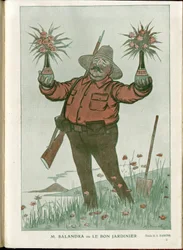 Illustratie van A Barrere (1874-1931) in Fantasio, 01/06/15 - Mr. Salandra of de Goede Tuinman - Oorlog van 14-18, Italië, Wijn, Neutraliteit, Bloemen, Vulkanische uitbarstingen, Voorzitter van de Raad, Triëst - Salandra Antonio