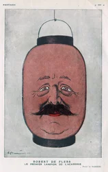 Robert Pelleve de La Motte-Ango, Markies de Flers, Frans toneelschrijver (1872-1927). (De eerste lantaarn van de academie). Cartoon door Barrere in 