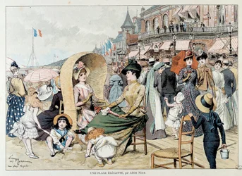Een elegante strand. Charmante dames met hun kinderen tussen een menigte die zich vermaakt op een strand in Frankrijk. Gravure door Adrien Marie