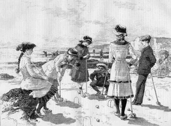 Kinderen spelen croquet op het strand. Gravure door Adrien Marie in "Le Monde Illustré" nr. 1277 van 17 september 1881