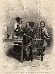 Chinese dame doet haar toilet. Gravure naar de tekening van A. Marie, ter illustratie van de reis naar Peking en Noord-China, door T. Choutze, in 1873, gepubliceerd in 