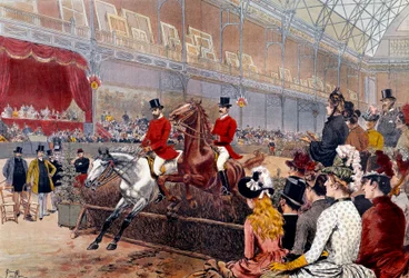 Paardenrennen: heg springen. Lithografie door Adrien Emmanuel Marie (1848-1891) 19e eeuw Parijs, Musee Carnavalet
