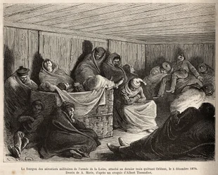 Het interieur van de wagen van de militaire luchtballonvaarders van de Loire, allemaal slapend, vastgemaakt aan de laatste trein die Orleans verlaat op 5 december 1870, gravure naar een tekening van A.Marie ter illustratie van een studie over luchtscheepsw