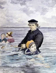 Zwemles - tekening door Adrien Marie (1848 - 1891), eind 19e eeuw