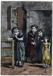 De twee dochters van Thenardier, Eponine en Azelma, kijken naar Cosette die de pop Catherine heeft gekregen - Illustratie door Adrien Marie (1848-1891) voor 