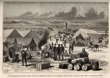 Zicht op het Black Buttes-kamp, laatste station in de rode woestijn (Mojave-woestijn) van de Pacific Railway, in september 1868, gravure naar de tekening van A. Marie, ter illustratie van de reis van Washington naar San Francisco, in 1868, door L. Simonin,