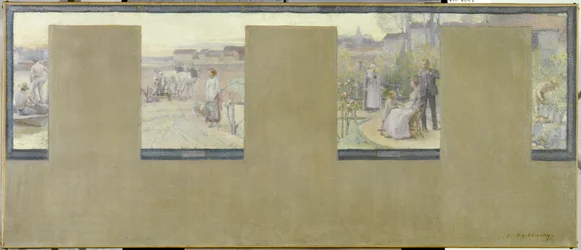 Schets voor het stadhuis van Nogent-sur-Marne: Le canotage - le labourage - la villégiature - le jardinage, in 1889