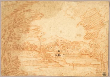 Rivierlandschap met gebouwen