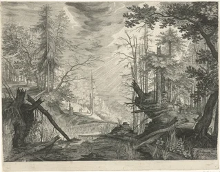 Drie jagers bij een rivier in een bos