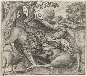 Fabel van de leeuw, de koe en het schaap op jacht